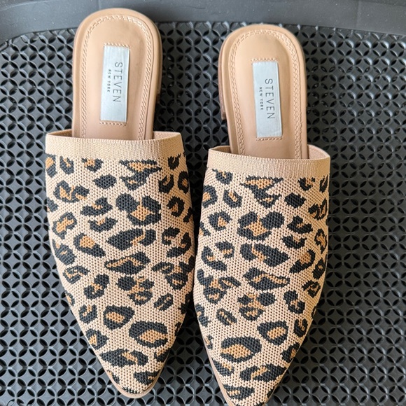 Steven New York Shoes - STEVEN New York Leopard Knit Pointed Mules in Tan and Black